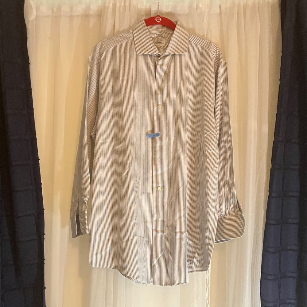 Brooks Brothers Blue, Tan and White Striped Dress Shirt